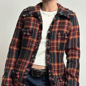 Black Plaid Fringe Peacoat - Size Small